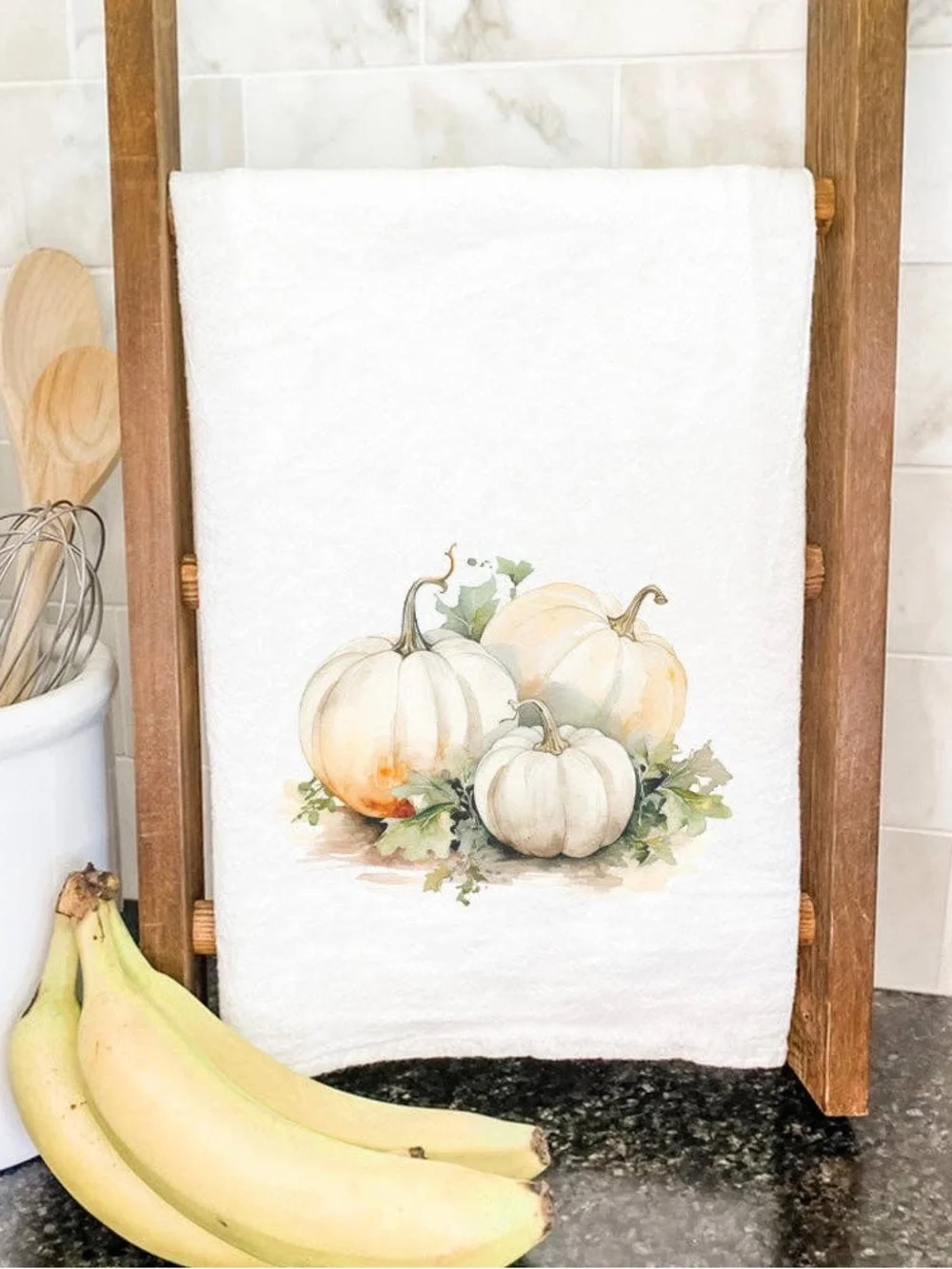 White Pumpkin Cotton Kitchen Towel - Neutral Fall Design